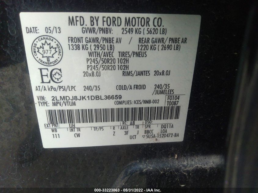 2013 LINCOLN MKX 2LMDJ8JK1DBL36659