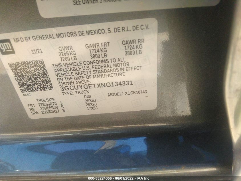 2022 CHEVROLET SILVERADO 1500 LTD LTZ 3GCUYGETXNG134331