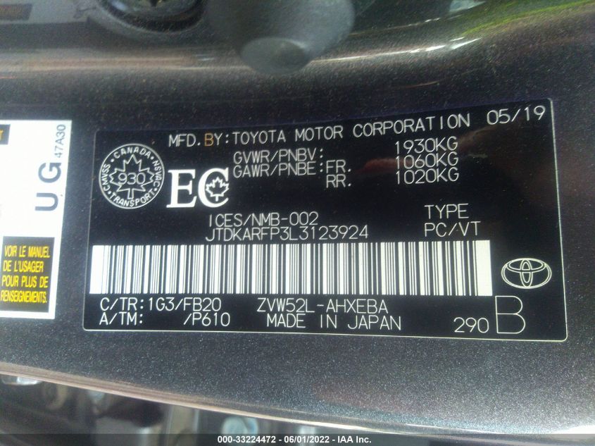 2020 TOYOTA PRIUS PRIME LE/XLE/LIMITED JTDKARFP3L3123924