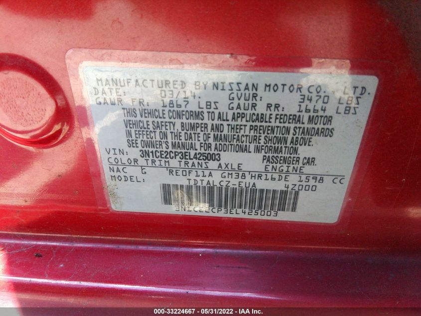 2014 NISSAN VERSA NOTE S PLUS 3N1CE2CP3EL425003