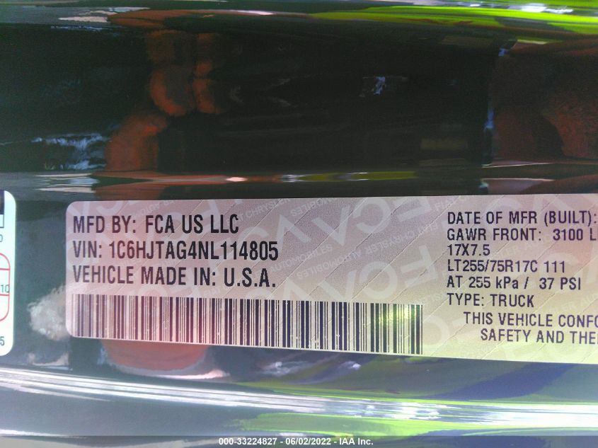 2022 JEEP GLADIATOR WILLYS 1C6HJTAG4NL114805