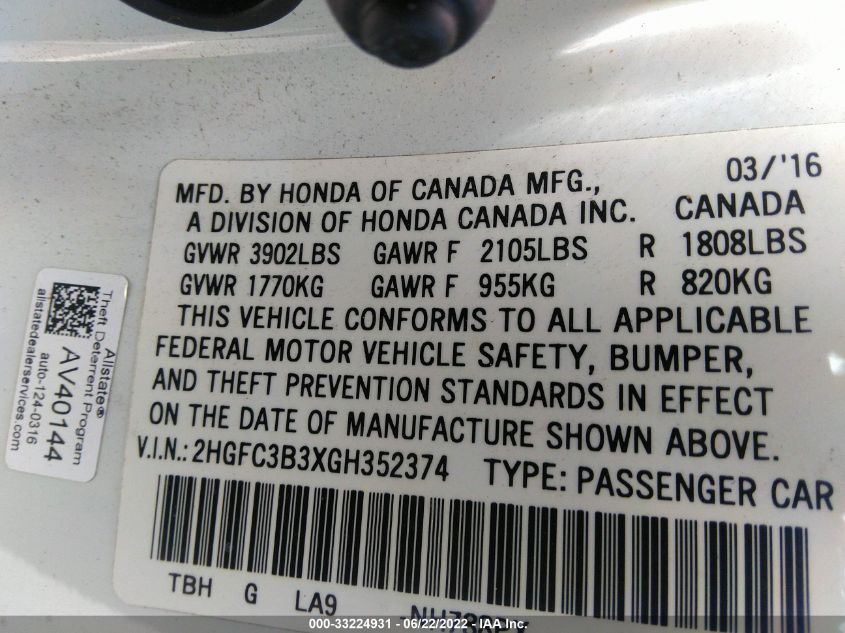 2016 HONDA CIVIC COUPE EX-T 2HGFC3B3XGH352374