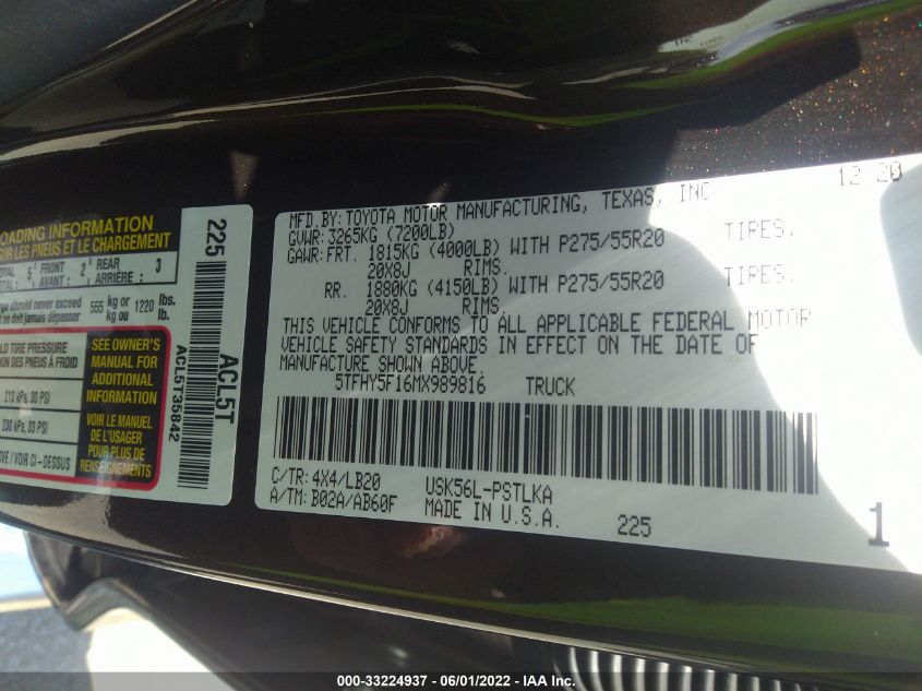2021 TOYOTA TUNDRA 4WD LIMITED 5TFHY5F16MX989816
