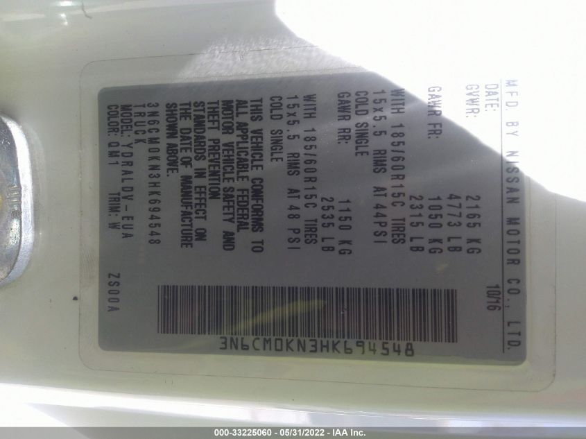 2017 NISSAN NV200 COMPACT CARGO S 3N6CM0KN3HK694548