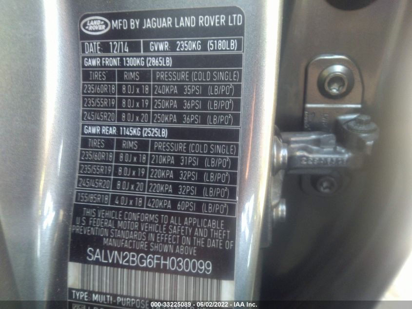 2015 LAND ROVER RANGE ROVER EVOQUE PURE SALVN2BG6FH030099