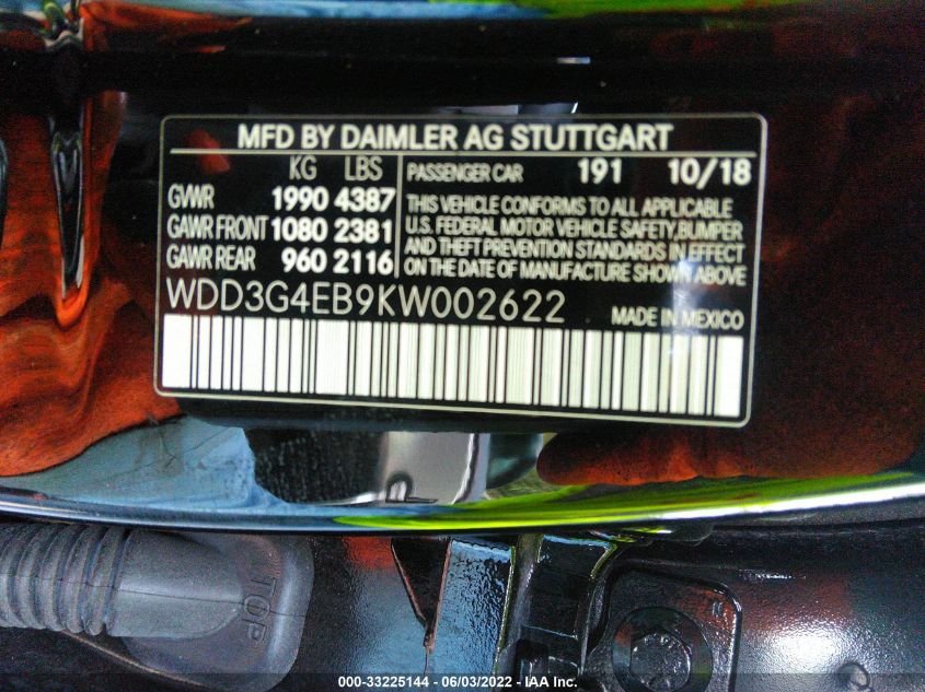 2019 MERCEDES-BENZ A-CLASS A 220 WDD3G4EB9KW002622