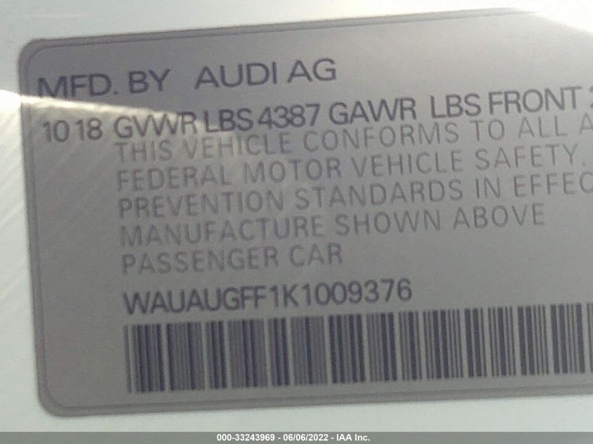 2019 AUDI A3 SEDAN PREMIUM/TITANIUM PREMIUM WAUAUGFF1K1009376