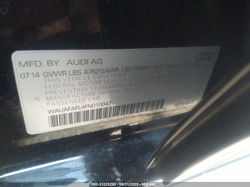2015 AUDI A4 PREMIUM WAUAFAFL4FN010047