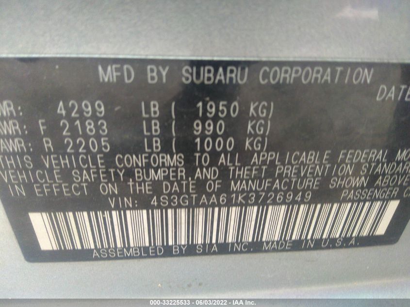 2019 SUBARU IMPREZA 4S3GTAA61K3726949