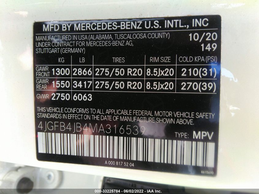 2021 MERCEDES-BENZ GLE GLE 350 4JGFB4JB4MA316539