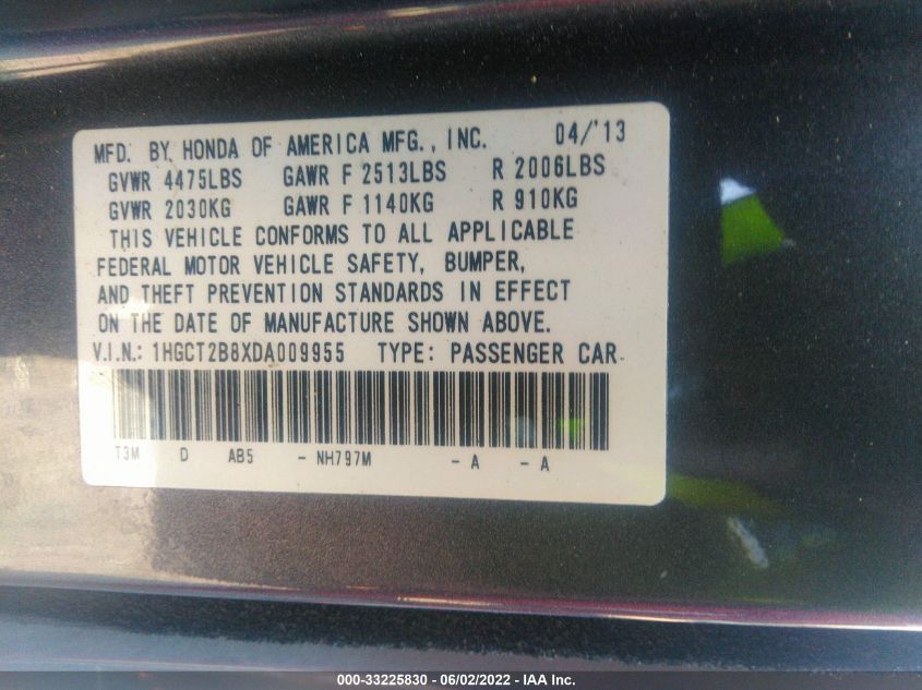 2013 HONDA ACCORD CPE EX-L 1HGCT2B8XDA009955