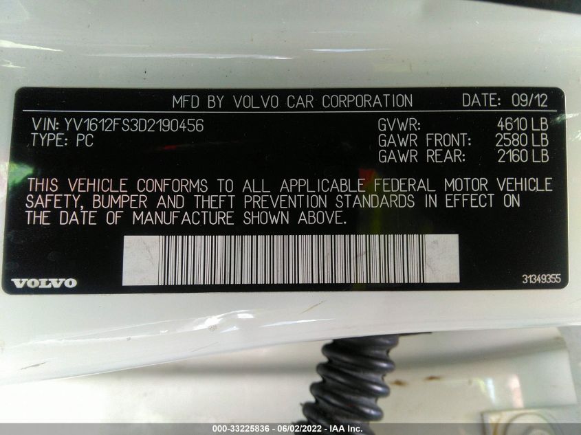 2013 VOLVO S60 T5 YV1612FS3D2190456