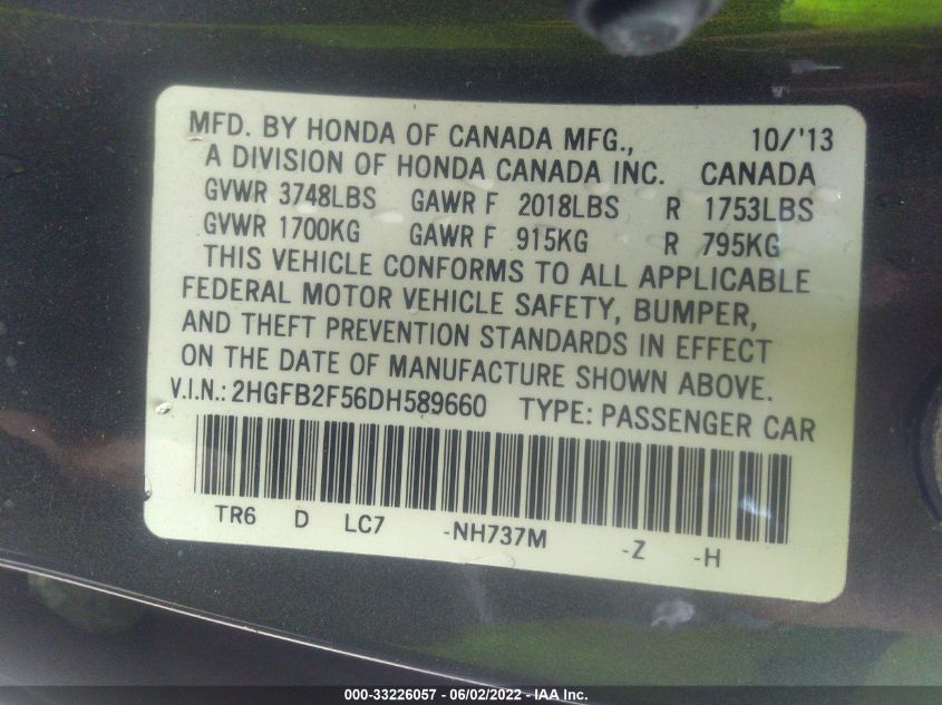 2013 HONDA CIVIC SDN LX 2HGFB2F56DH589660