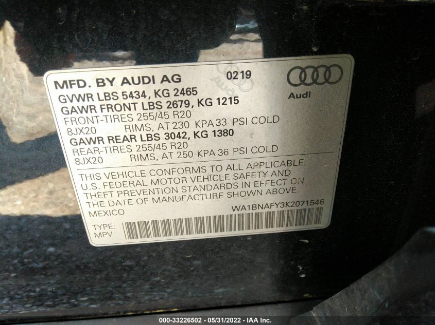2019 AUDI Q5 PREMIUM PLUS WA1BNAFY3K2071546