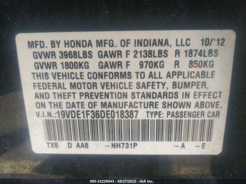 2013 ACURA ILX 19VDE1F36DE018387
