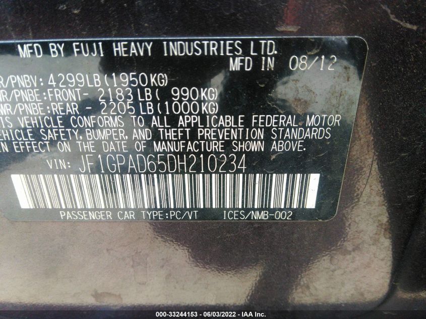 2013 SUBARU IMPREZA WAGON 2.0I PREMIUM JF1GPAD65DH210234