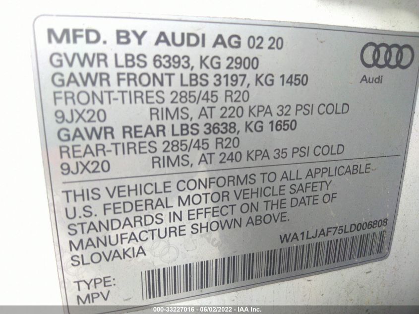 2020 AUDI Q7 PREMIUM PLUS WA1LJAF75LD006808