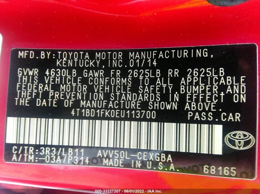 2014 TOYOTA CAMRY HYBRID LE/XLE/SE LIMITED EDITION 4T1BD1FK0EU113700