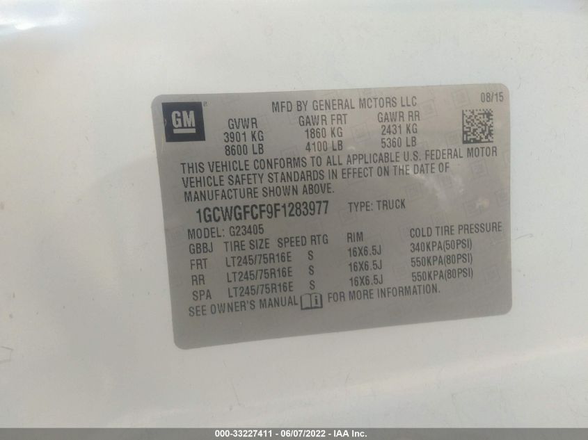 2015 CHEVROLET EXPRESS CARGO VAN 1GCWGFCF9F1283977