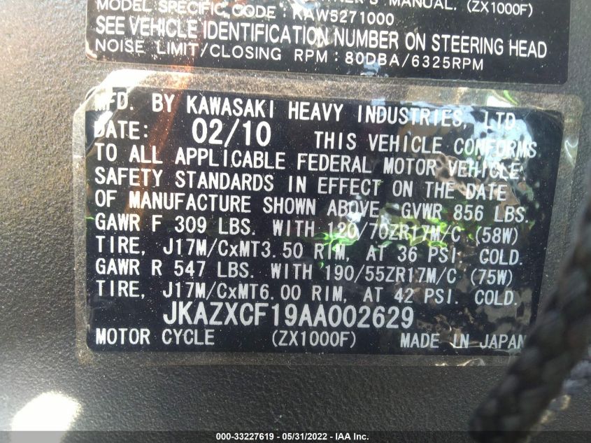 2010 KAWASAKI ZX1000 F JKAZXCF19AA002629