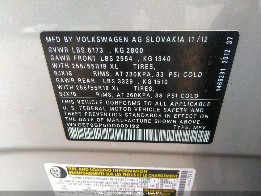 2013 VOLKSWAGEN TOUAREG SPORT WVGEF9BP5DD009192