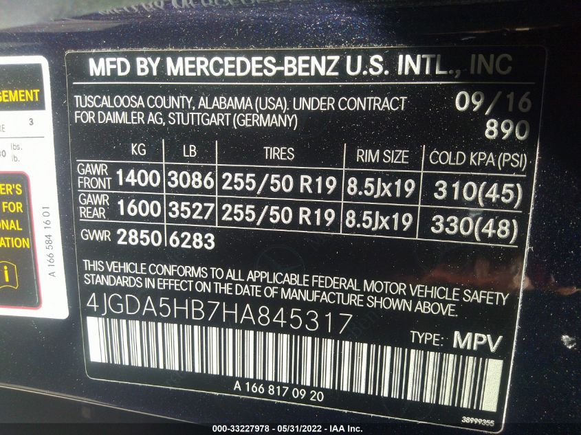 2017 MERCEDES-BENZ GLE GLE 350 4JGDA5HB7HA845317