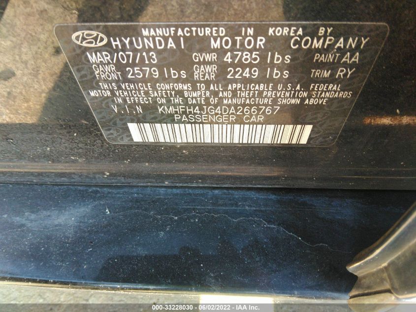 2013 HYUNDAI AZERA KMHFH4JG4DA266767