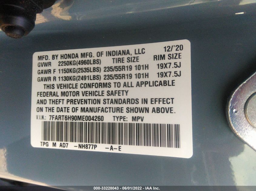2021 HONDA CR-V HYBRID TOURING 7FART6H90ME004260