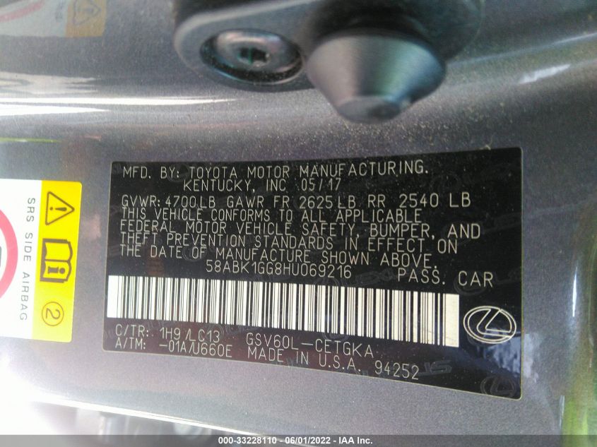 2017 LEXUS ES 350 58ABK1GG8HU069216