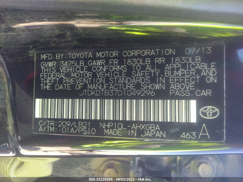 2013 TOYOTA PRIUS C JTDKDTB37D1049296