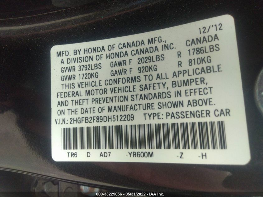 2013 HONDA CIVIC SDN EX 2HGFB2F89DH512209