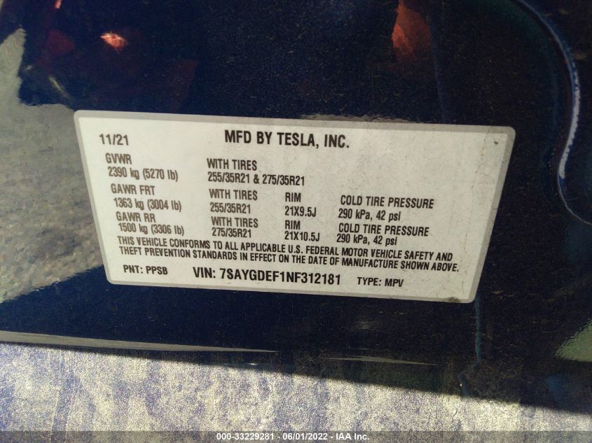2022 TESLA MODEL Y PERFORMANCE 7SAYGDEF1NF312181