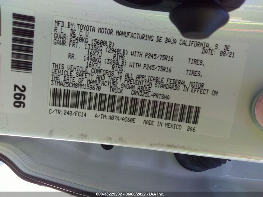 2021 TOYOTA TACOMA 2WD SR5/TRD SPORT 3TMAZ5CN8MM158670