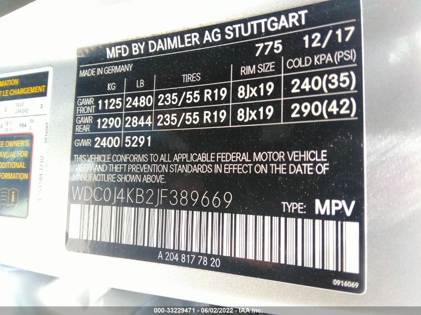 2018 MERCEDES-BENZ GLC GLC 300 WDC0J4KB2JF389669