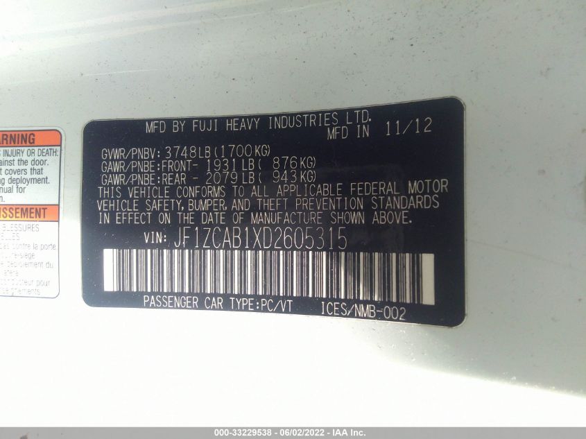 2013 SUBARU BRZ PREMIUM JF1ZCAB1XD2605315