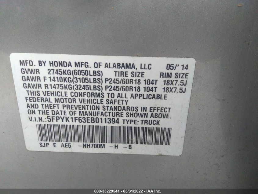 2014 HONDA RIDGELINE SE 5FPYK1F63EB011394