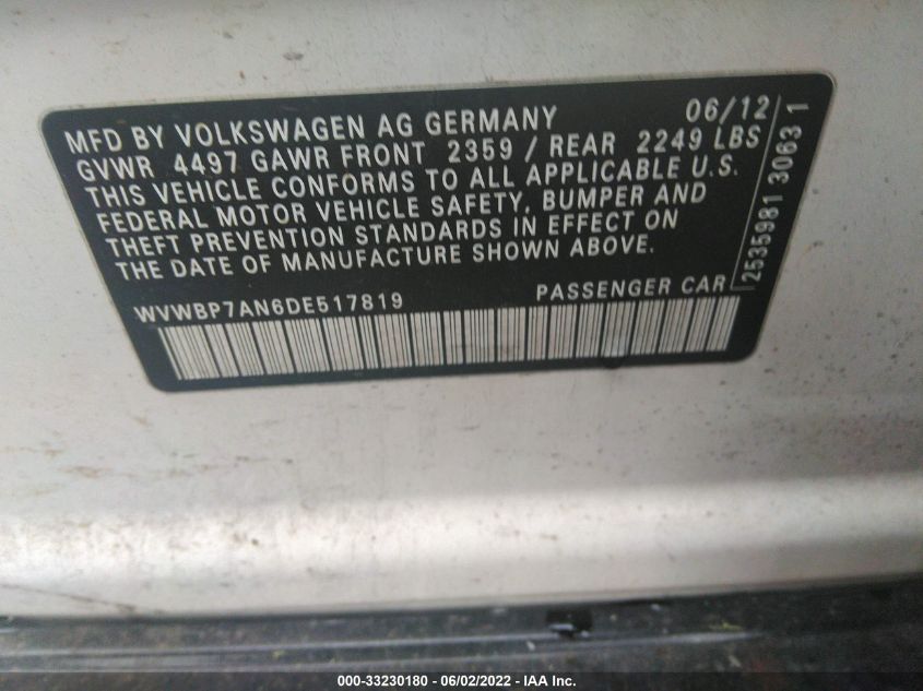 2013 VOLKSWAGEN CC SPORT WVWBP7AN6DE517819