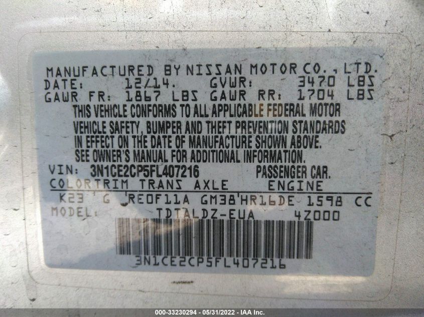 2015 NISSAN VERSA NOTE S/S PLUS/SV/SR/SL 3N1CE2CP5FL407216
