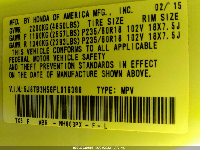 2015 ACURA RDX TECHNOLOGY 5J8TB3H56FL016396