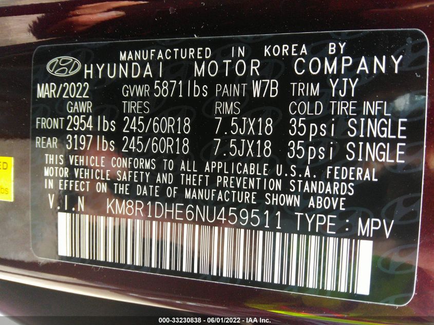 2022 HYUNDAI PALISADE SE KM8R1DHE6NU459511
