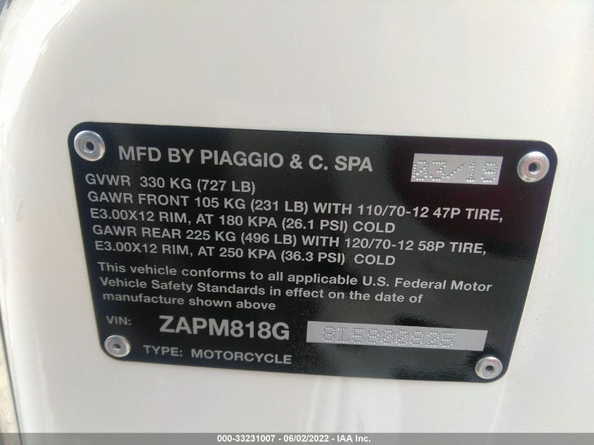 2020 VESPA SPRINT 150 3V ZAPM818G8L5800925