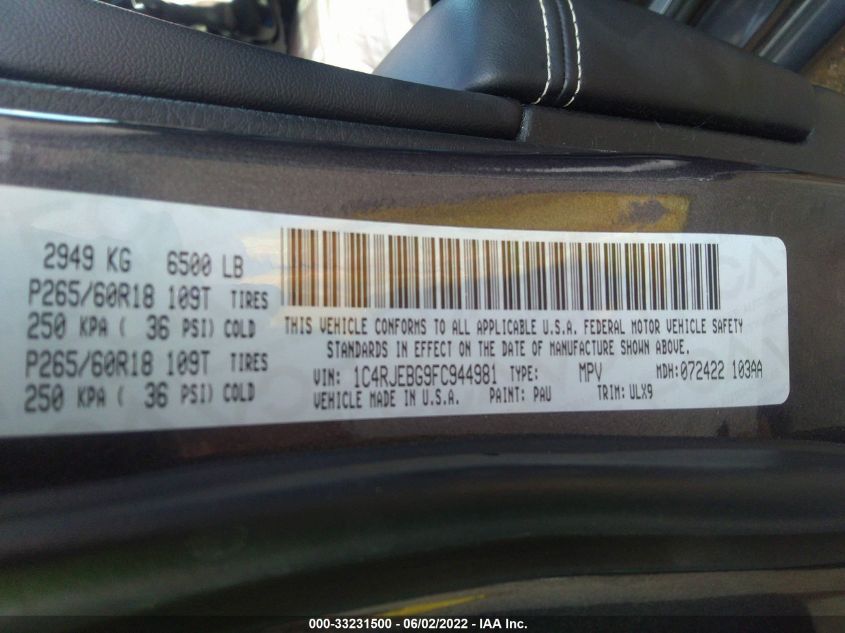 2015 JEEP GRAND CHEROKEE LIMITED 1C4RJEBG9FC944981