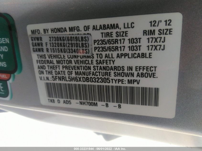 2013 HONDA ODYSSEY EX-L 5FNRL5H6XDB032305