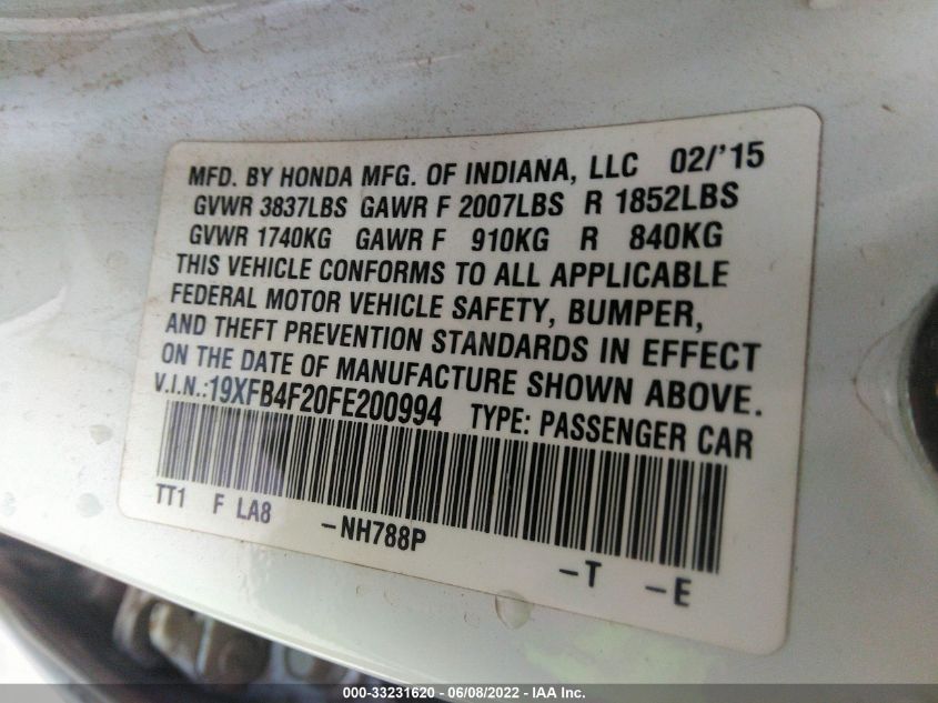 2015 HONDA CIVIC HYBRID 19XFB4F20FE200994