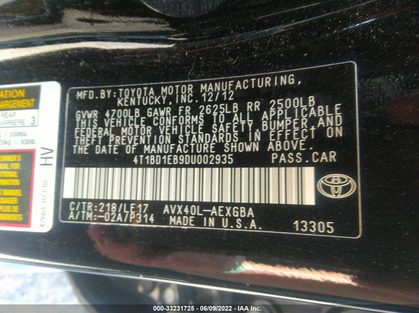 2013 TOYOTA AVALON HYBRID XLE PREMIUM 4T1BD1EB9DU002935