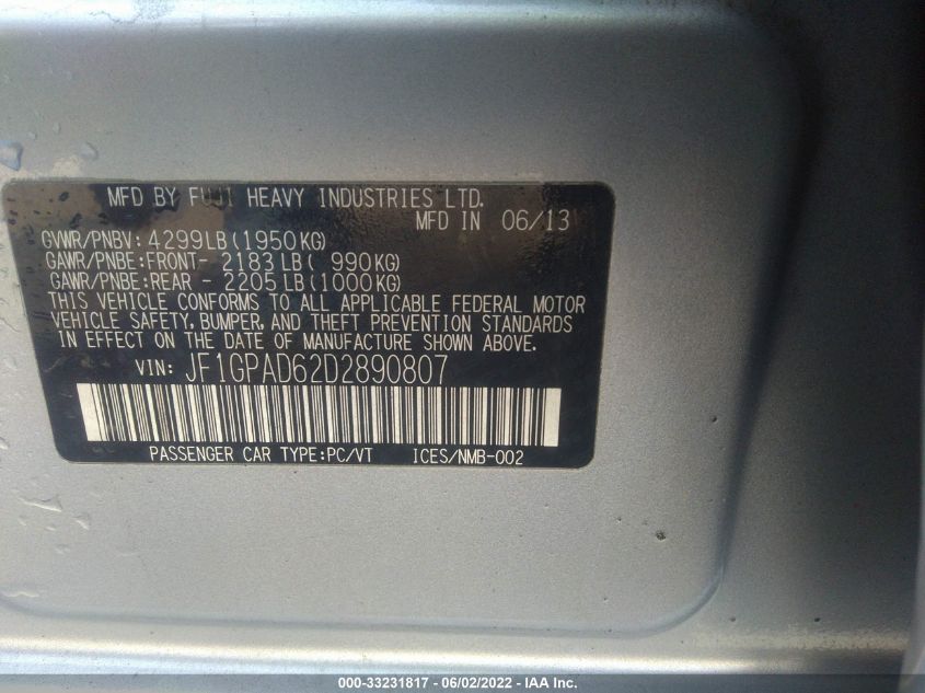 2013 SUBARU IMPREZA WAGON PREMIUM JF1GPAD62D2890807