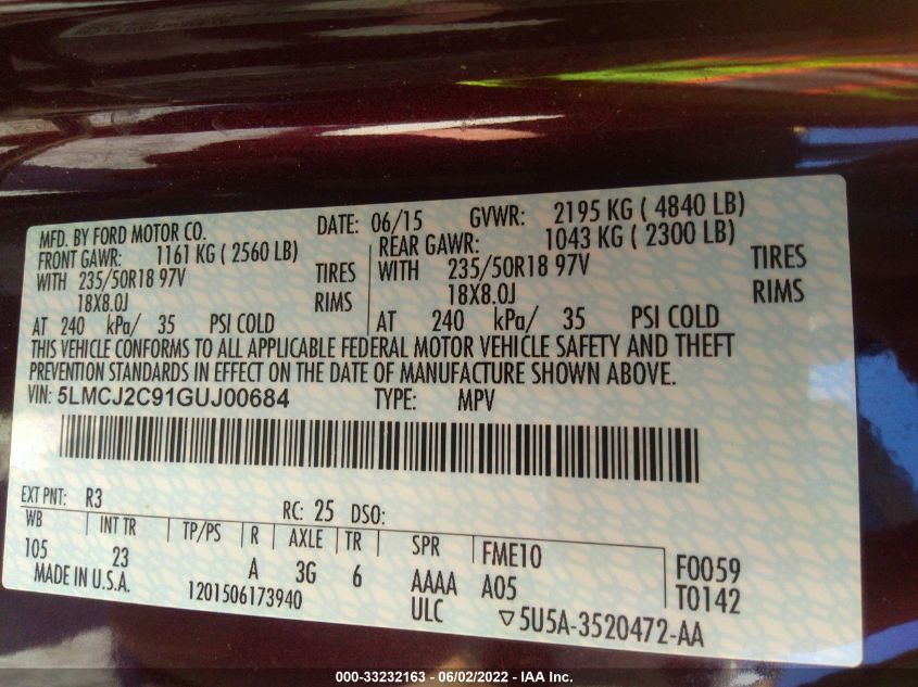 2016 LINCOLN MKC SELECT 5LMCJ2C91GUJ00684