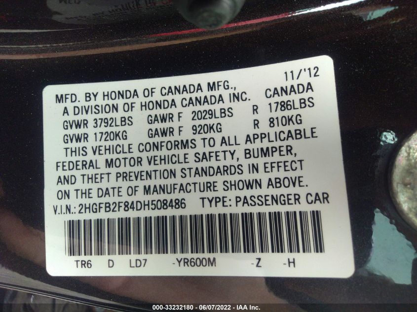 2013 HONDA CIVIC SDN EX 2HGFB2F84DH508486