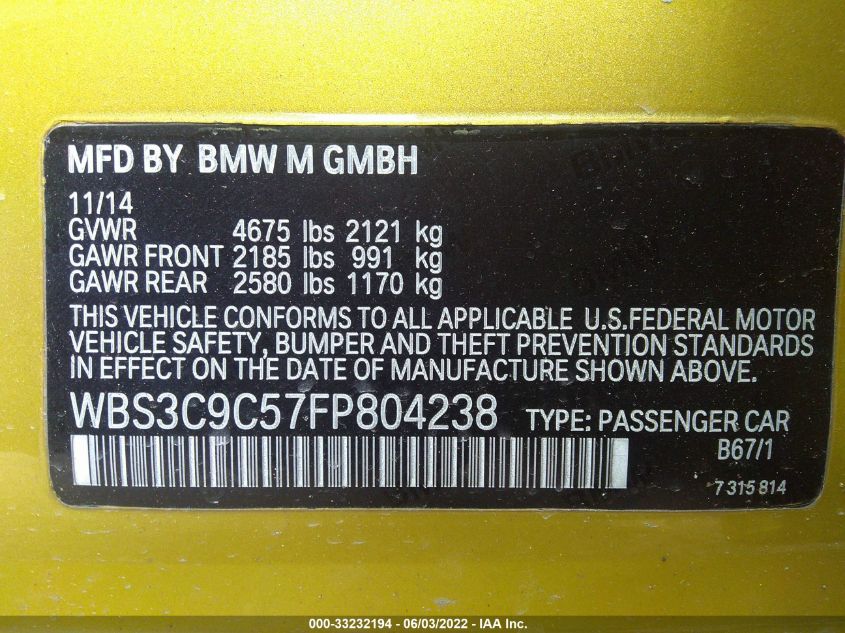 2015 BMW M3 WBS3C9C57FP804238