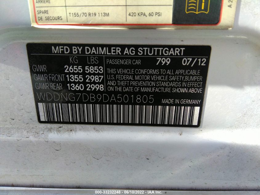 2013 MERCEDES-BENZ S-CLASS S 550 WDDNG7DB9DA501805